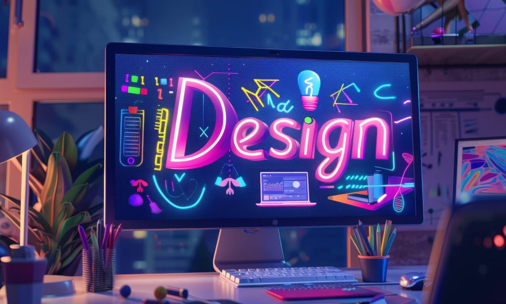 A vibrant workspace featuring a computer screen with colorful design elements.